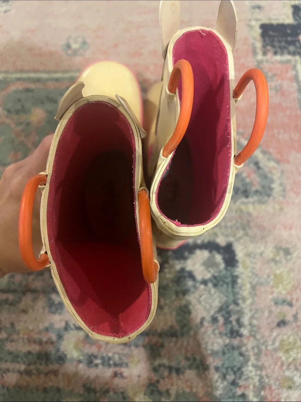 Kids Beige & Pink Llama Rain Boots with Colorful Flower Accents